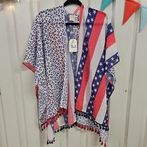 Red and White Kimono Swim Coverup with Fringe